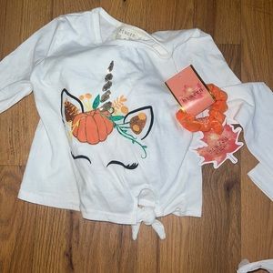 Fall unicorn shirt with hair tie